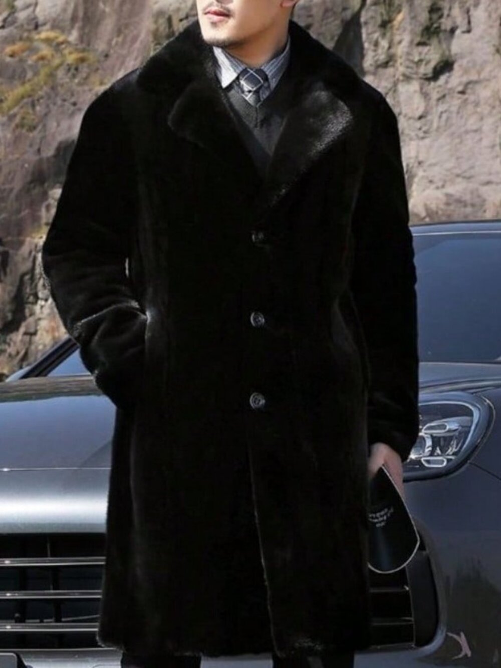 Men's Classic Black Faux Fur Collar button down Warm Overcoat coat